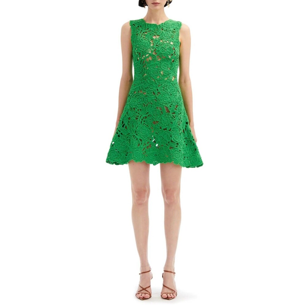 $4990 Oscar de la Renta Women's Floral Crochet Lace Mini Dress in Cactus Size M